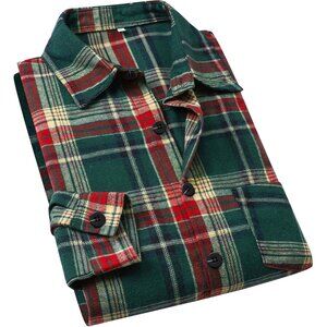 Men's Dark Green Red Casual Plaid Flannel Long Sleeve Button Down Shirt